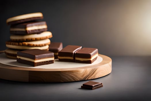 a stack of chocolate and peanut butter cookies on a wooden plate. AI-Generated photo
