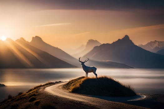 a deer stands on a hill overlooking a lake and mountains. AI-Generated photo