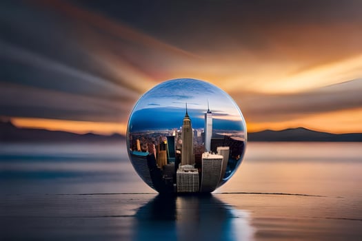 a city in a glass ball with a sunset behind it. AI-Generated photo