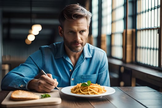 a man is eating spaghetti in a restaurant. AI-Generated photo