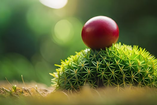 a red ball sits on top of a cactus. AI-Generated photo