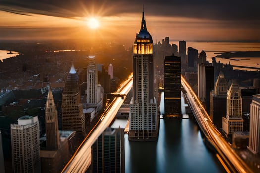 the sun sets over the city skyline in new york. AI-Generated photo