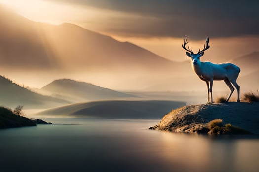 a deer stands on a rock in front of a lake. AI-Generated photo
