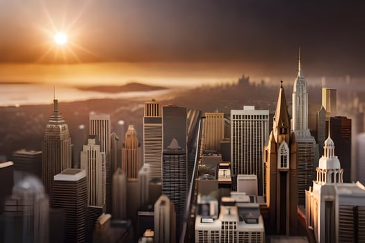 a city with tall buildings and a sun setting. AI-Generated photo