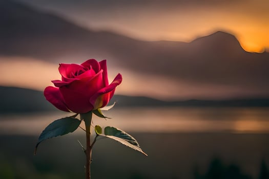 a single red rose is in front of a lake and mountains. AI-Generated photo