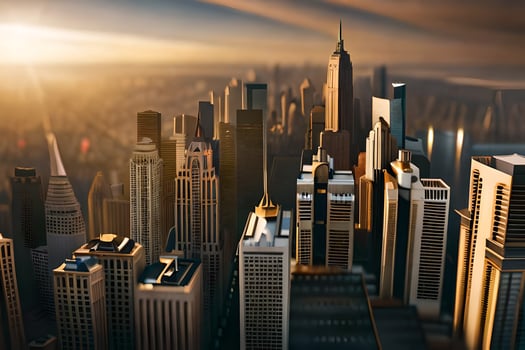 a city with tall buildings and a sun setting. AI-Generated photo