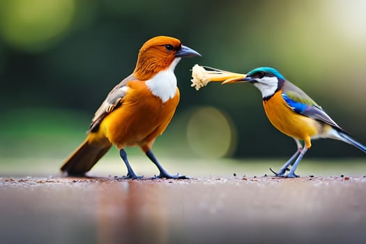 two birds standing on the ground with food in their beaks. AI-Generated photo