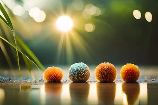 four balls of different colors sitting on the ground. AI-Generated photo