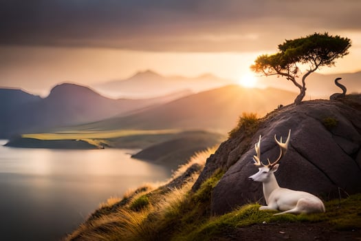 a deer sits on a rock overlooking a lake and mountains. AI-Generated photo