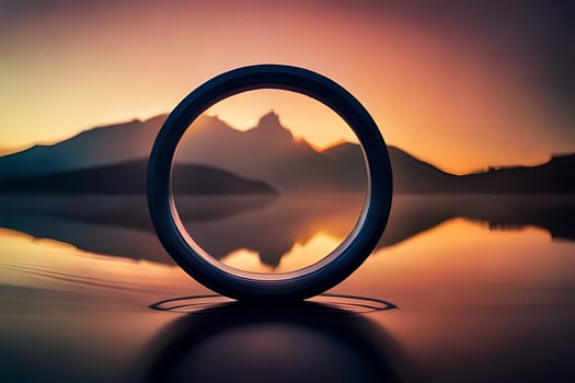 a ring sitting on the water with a sunset in the background. AI-Generated photo