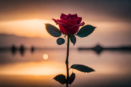 a single red rose is reflected in the water at sunset. AI-Generated photo