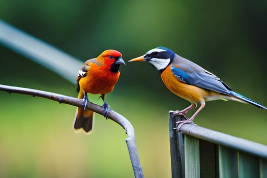 two birds are sitting on a fence together. AI-Generated photo