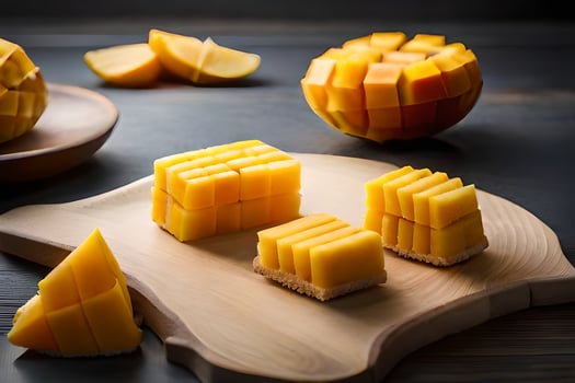 a cutting board with sliced mangoes on it. AI-Generated photo