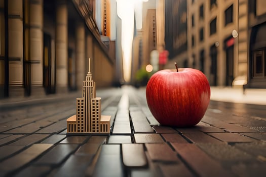 an apple and a building in a city street. AI-Generated photo