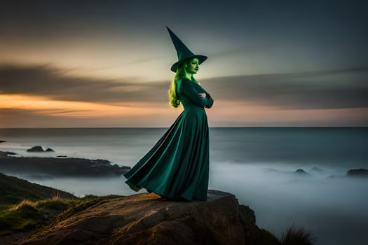 a woman in a green dress standing on a rock overlooking the ocean. AI-Generated photo