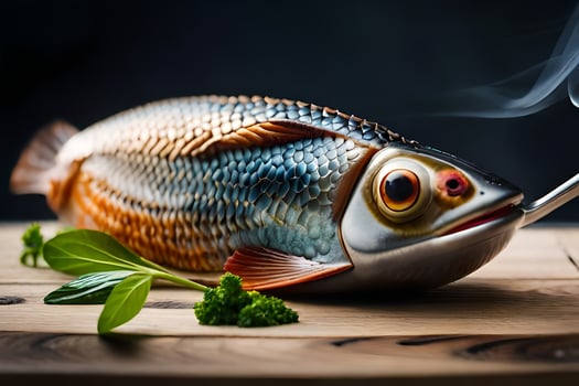 a fish with a cigarette on a table. AI-Generated photo