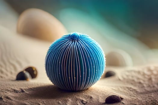 a blue egg sitting on top of sand. AI-Generated photo