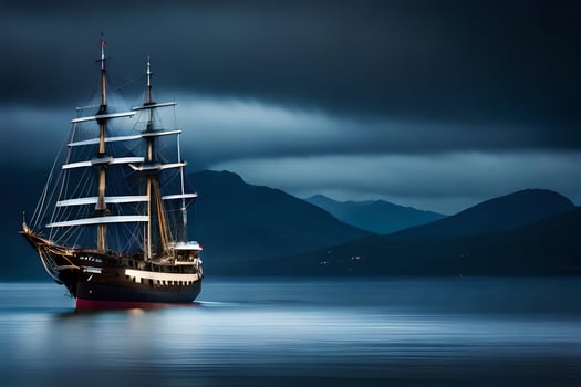 a tall ship sailing in the ocean under a dark sky. AI-Generated photo