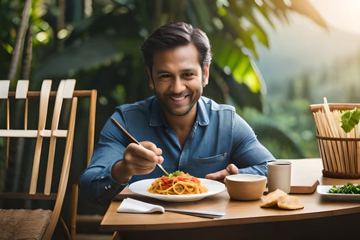 a man is eating pasta and smiling at the camera. AI-Generated photo