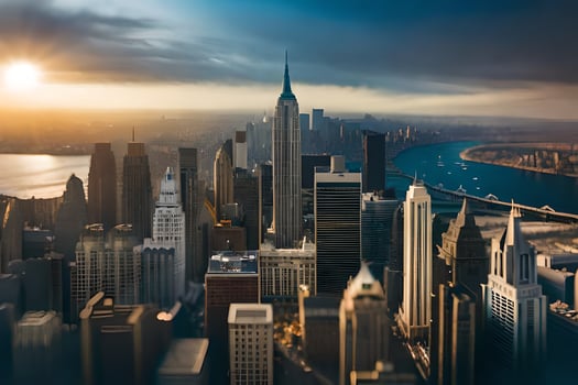 the sun is setting over a city skyline. AI-Generated photo