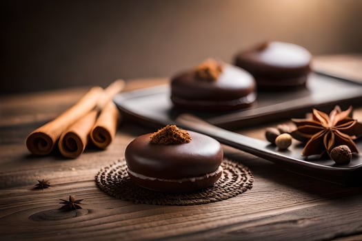 chocolate macarons on a wooden table. AI-Generated photo