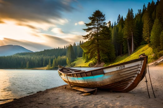 a boat sits on the shore of a lake. AI-Generated photo