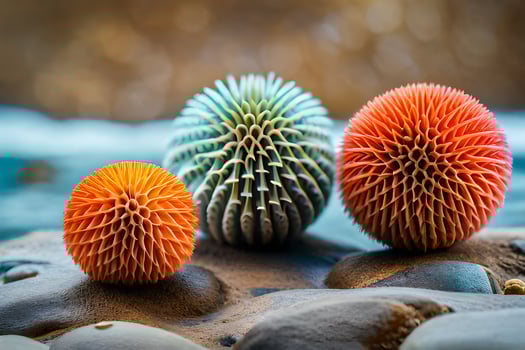 three colorful spheres sitting on top of rocks. AI-Generated photo