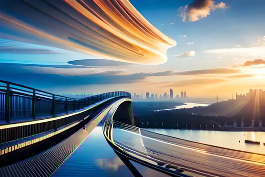 a bridge over a river with a city in the background. AI-Generated photo