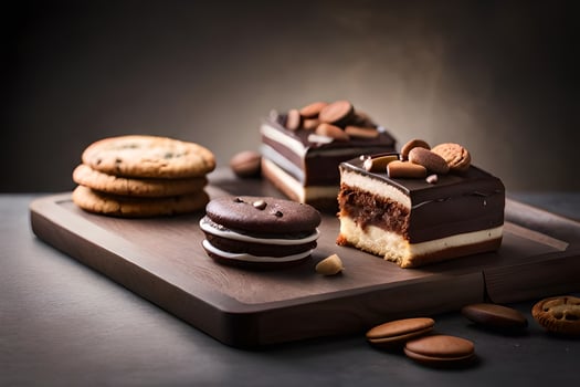 a chocolate cake, cookies and a chocolate bar on a wooden tray. AI-Generated photo