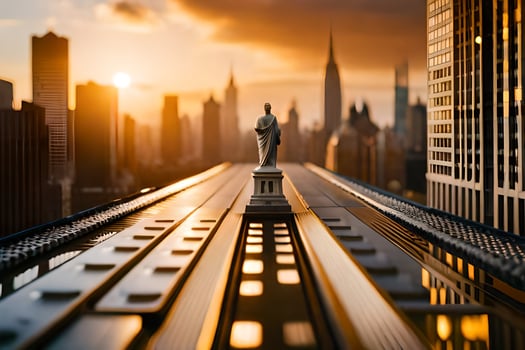 a statue of liberty stands on top of a train track. AI-Generated photo