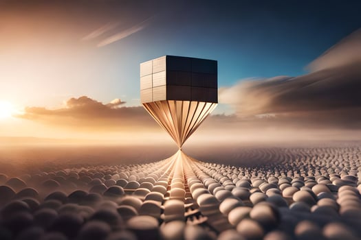 a cube floating in the sky with a cloud in the background. AI-Generated photo