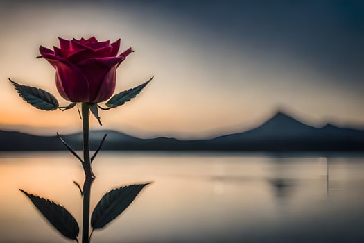 a rose is standing in front of a lake at sunset. AI-Generated photo