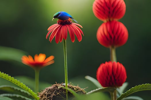 a blue bird perched on a red flower. AI-Generated photo
