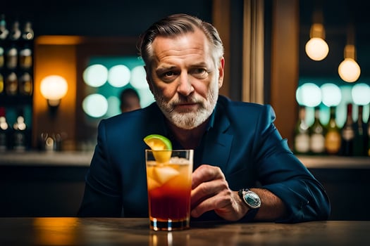 a man in a suit holding a cocktail. AI-Generated photo