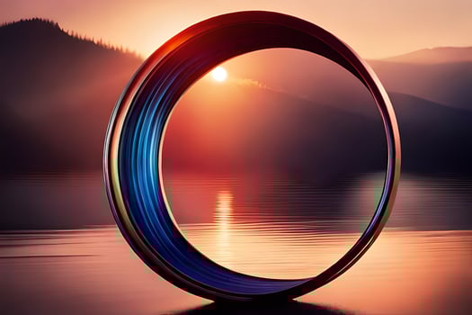 a ring is sitting on the water with the sun setting behind it. AI-Generated photo