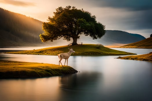 a deer stands on a small island in the middle of a lake. AI-Generated photo