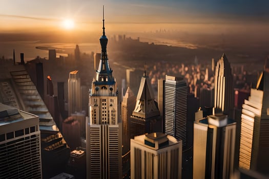 the sun rises over the city skyline in this photo. AI-Generated photo