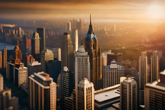 the sun is setting over a city skyline. AI-Generated photo