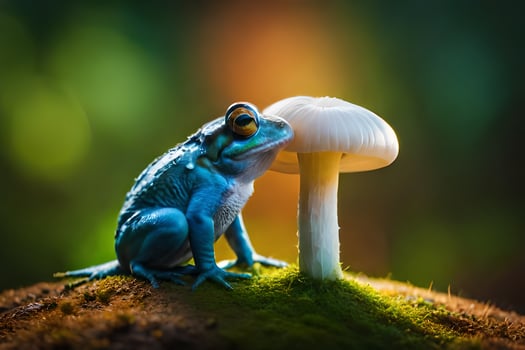 a blue frog is sitting on top of a mushroom. AI-Generated photo