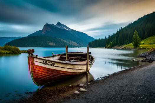 a boat sits on the shore of a lake. AI-Generated photo