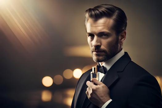 a man in a suit and tie holding a bottle of cologne. AI-Generated photo
