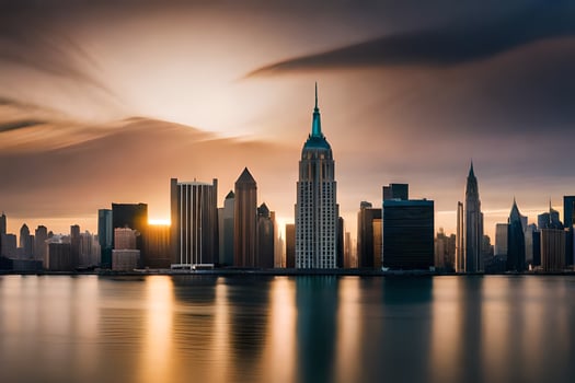 the city skyline at sunset with clouds and water. AI-Generated photo