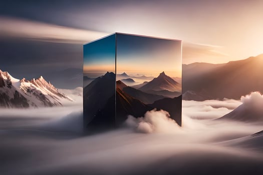 a cube in the sky with clouds and mountains. AI-Generated photo