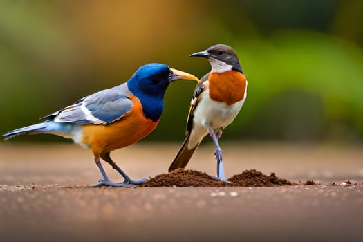 two birds standing on the ground with dirt. AI-Generated photo