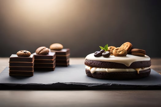 a chocolate cake with cream and nuts on a black slate. AI-Generated photo
