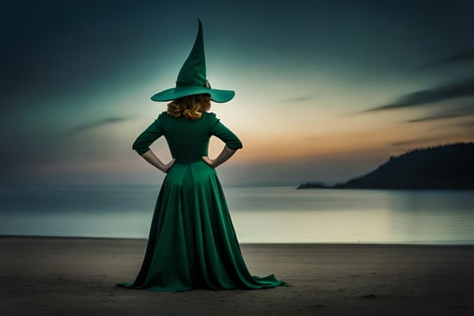 a woman in a green dress and hat stands on the beach. AI-Generated photo