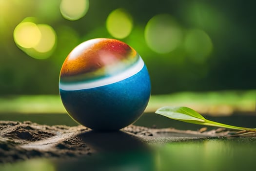 a colorful egg sitting on the ground with a green leaf. AI-Generated photo