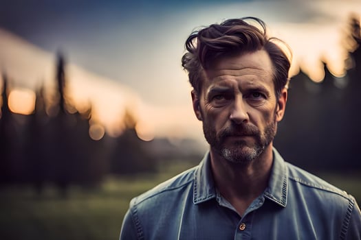 a man with a beard and shirt standing in a field. AI-Generated photo