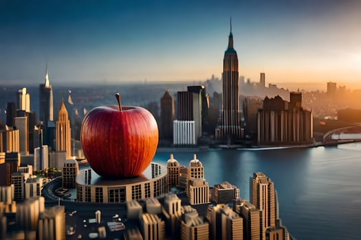 an apple sits on top of a city with a view of the skyline. AI-Generated photo