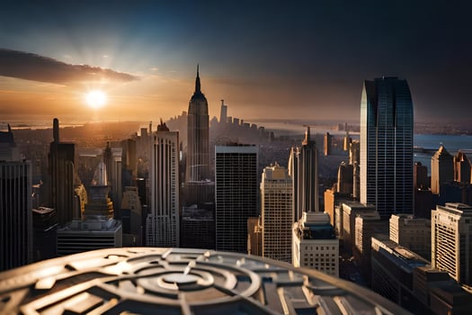the sun rises over the city skyline. AI-Generated photo